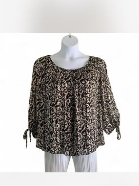 Cottage Office Printed Black and Cream Tie-Sleeve Blouson top size 1X